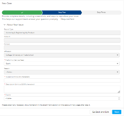 Required information includes platform or service need, subject, description, and course.