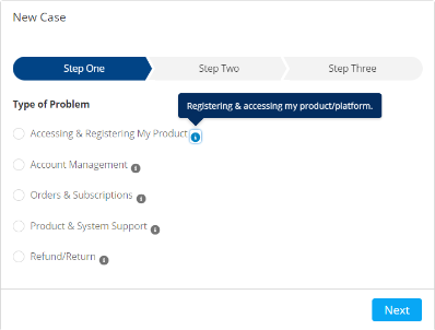 Types of problems include Accessing and Registering my Product, Account Management, Orders and Subscriptions, Product and System Support, and Refunds/Return.