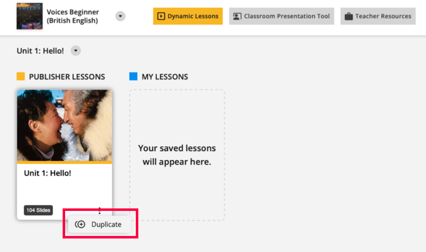 Dynamic Lessons screen with the Duplicate button on the Publisher Lessons slides.