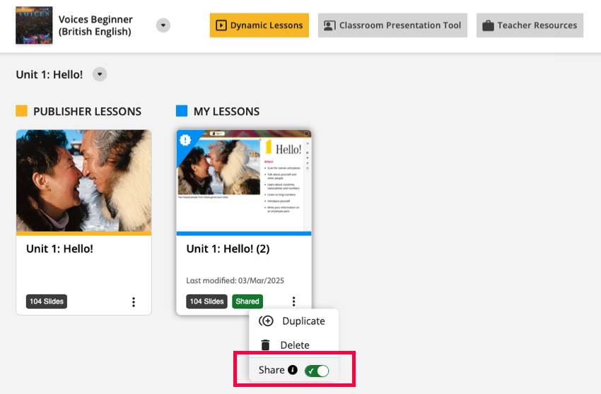 Dynamic Lessons screen with the Share toggle on the My Lessons slides.