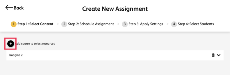 Select content menu with a plus icon button that opens a dropdown menu to select a course.