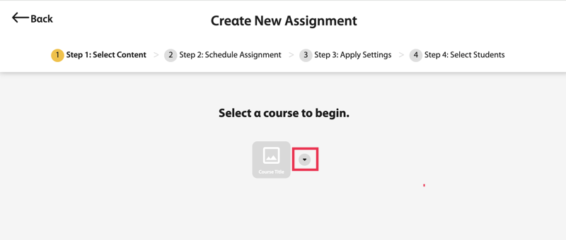 Screenshot of the Create New Assignment page. A red box highlights a dropdown menu used for selecting a course.
