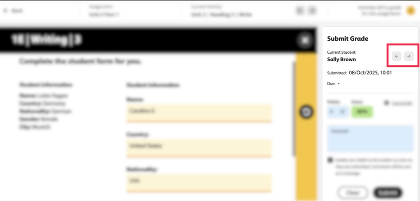 Screenshot of the manually graded activity of a student with the majority of the image blurred, to highlight the forward and backward arrows next to a student's name.