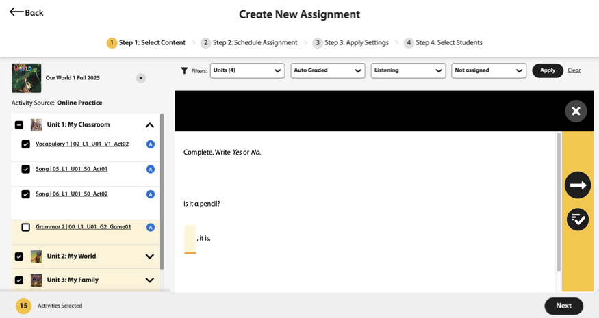 Screenshot of the Content Selection page showing a list of filtered activities on the left and a preview of the selected activity on the right. Five out of six activities in the left-hand list are selected, indicated by checkboxes.