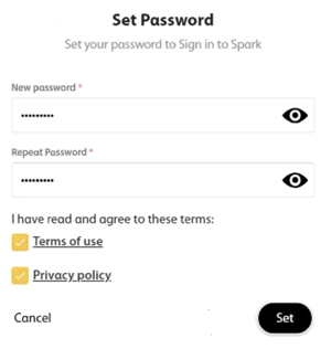 Screenshot of the Set Password pop-up showing the New Password and Repeat Password fields. The Terms of use and Privacy policy check boxes sit below the fields.